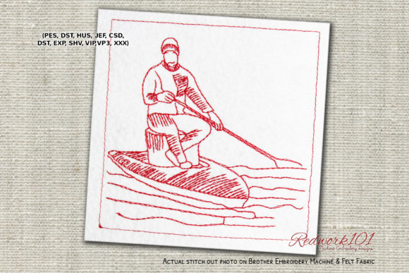 Fishing on Paddleboard Redwork: A Charming Embroidery Design