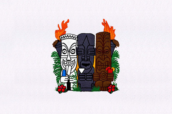 Hawaiian Tiki Statues Design: A Festive Embroidery Gem