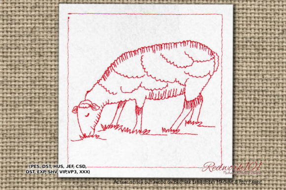 Sheep Grazes in Meadow: A Charming Redwork Design